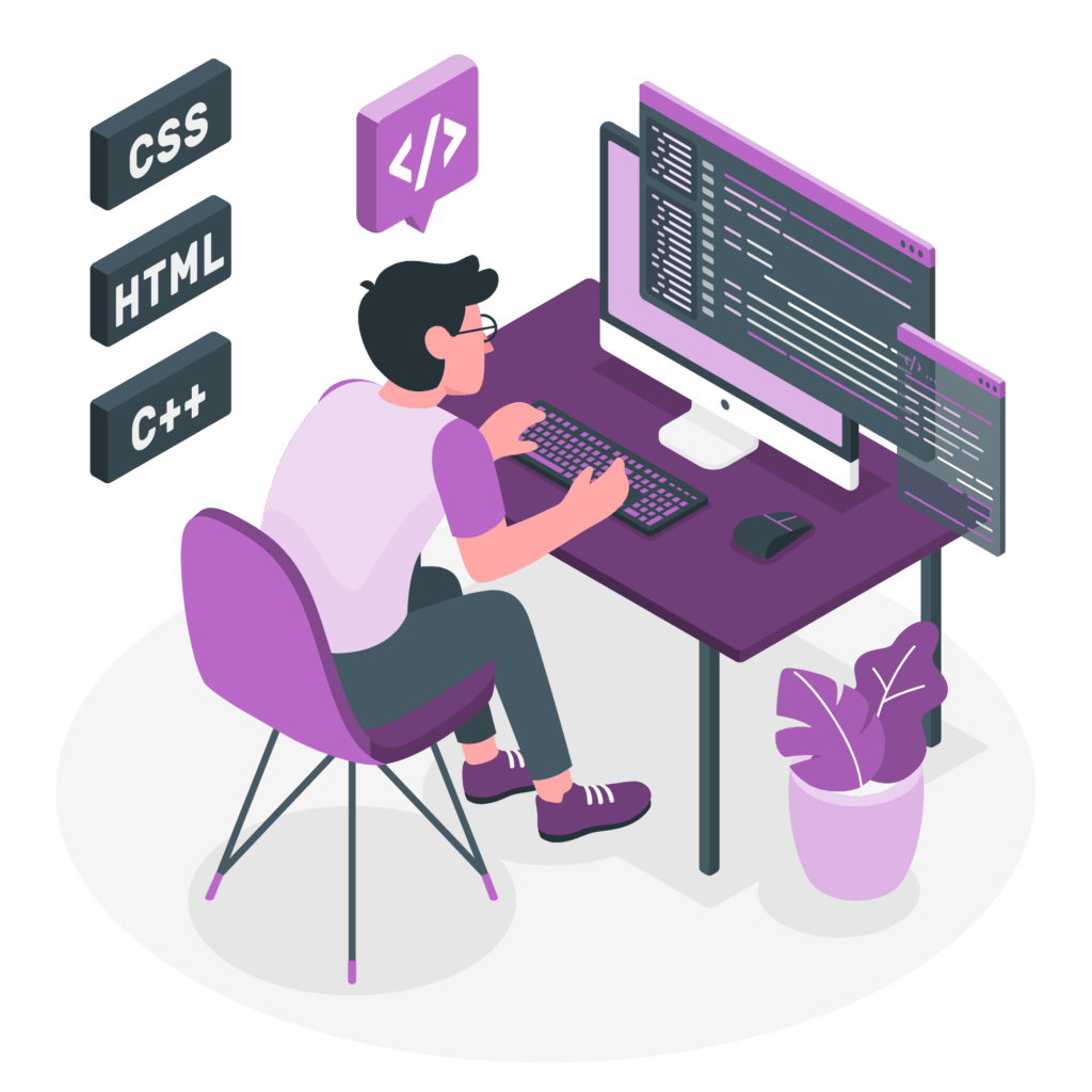 Illustration of a man sitting at a desk, programming with multiple computer screens displaying code, in an office setting adorned with coding icons like css, html, and c++. He is working on his portfolio