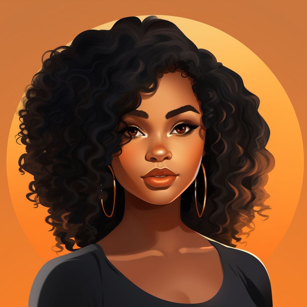 A digital illustration of a confident young Black woman with curly hair and hoop earrings. She has a serene expression and is set against a warm orange background.
