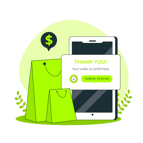 An illustration shows a mobile phone displaying a message that reads "THANK YOU! Your order is confirmed" with a "CHECK STATUS" button. Two green shopping bags are beside the phone, and a dollar symbol inside a chat bubble is above them. The green and leafy background reflects the seamless design of custom eCommerce website development.