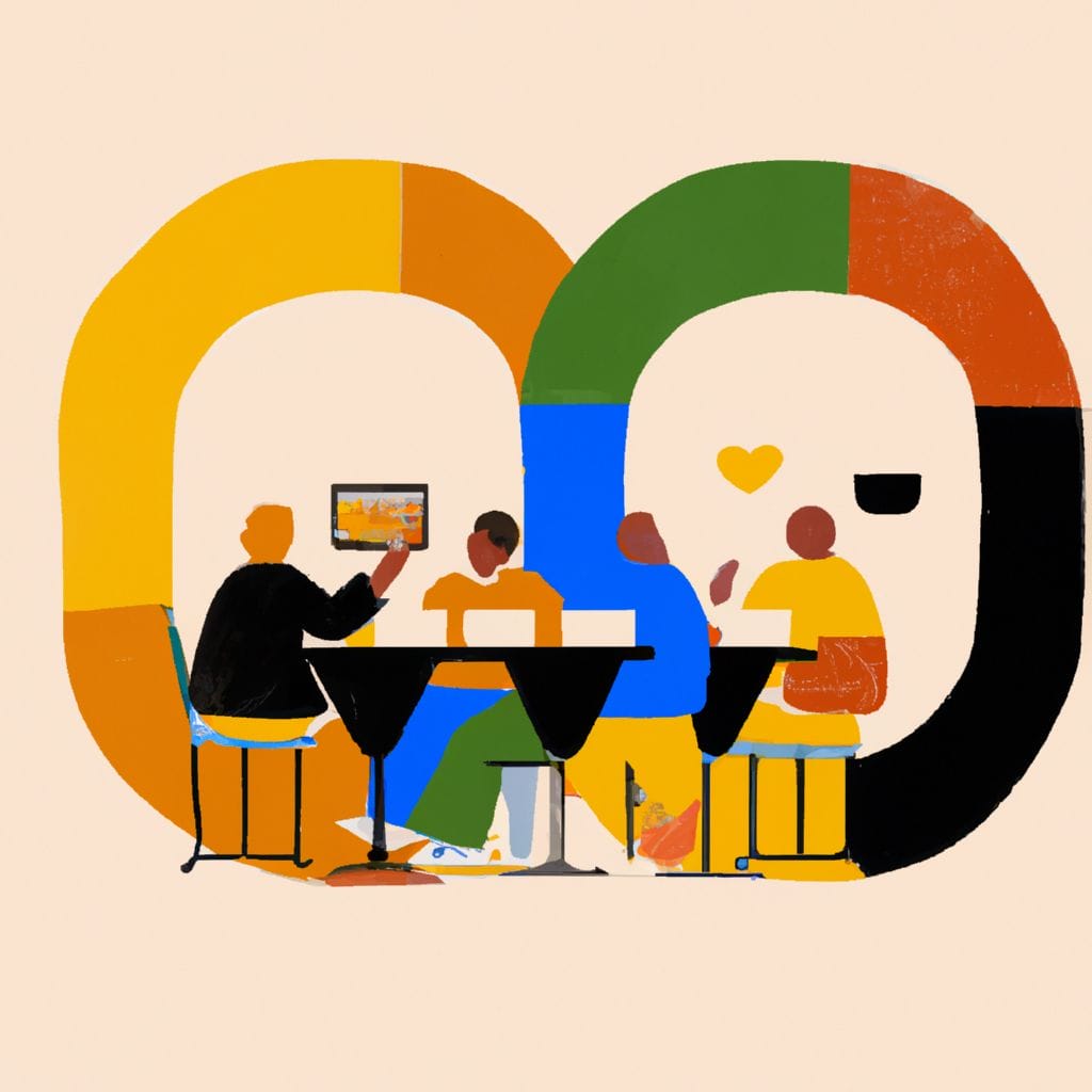 Illustration of four people sitting at a table, engaging in conversation at a restaurant. The background is made up of colorful, interlocking geometric shapes, creating an abstract and vibrant atmosphere. One person is holding a tablet, perhaps discussing web app development, with a heart symbol visible above them.