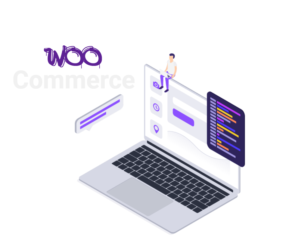 Illustration of a laptop with coding and interface elements on the screen. A small person sits on the top edge of the laptop. The word "WooCommerce" is written to the left of the laptop with the 'Woo' logo stylized in purple, emphasizing its role in website development. Chat bubble icons are also visible.