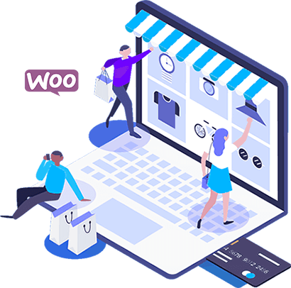 Illustration of people shopping online using WooCommerce. A large open laptop screen showcases an online store with product images. Two people interact with the store; one is holding shopping bags, and another examines a displayed item. Shopping bags and a credit card are in the foreground, representing seamless website development.