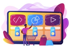 A person stands in front of a large screen displaying icons for coding, analytics, and video. They hold a shopping cart and are surrounded by shopping bags, symbolizing online shopping or digital purchasing. The background is colorful with abstract shapes.