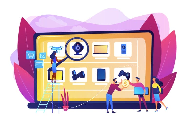 Illustration of people shopping online for various electronic gadgets displayed on a large screen. Items include a drone, webcam, camera, gaming controller, and smartphone. One person stands on a ladder pointing at a webcam, another holds a coin, and a third pushes a cart.