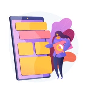 A stylized illustration shows a woman holding a large puzzle piece, standing in front of a giant smartphone. The phone's screen displays large square and rectangular blocks. The background features abstract leaves in various shades of purple and red.