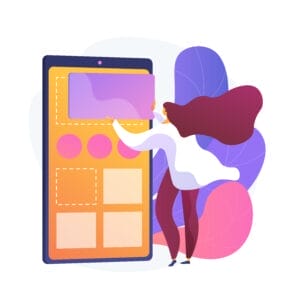 An illustration of a person with long hair and casual clothing interacting with an oversized touchscreen device. The screen displays various bright colored shapes and blocks. Abstract leaves and shapes in pastel colors are in the background.