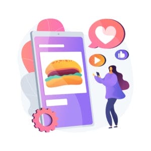 Illustration of a woman interacting with a giant smartphone displaying a burger. Surrounding her are icons, including a heart, play button, thumbs-up, and a gear. The background includes abstract shapes and leaves. The overall theme is digital interaction and social media.