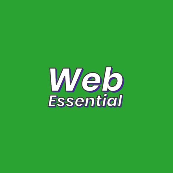 A green background with the centered text "Web Essentials" in white, bold font. The word "Web" is larger, while "Essentials" is underneath in a smaller size. Both words have a slight shadow effect for enhanced visibility and SEO impact.