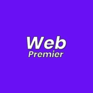 Text logo with the phrase "Web Premier Package" written in white font against a solid purple background. "Web" is in bold and larger than "Premier Package," highlighting its prominence, while "Premier Package," positioned directly below in a smaller size, creates a balanced package.