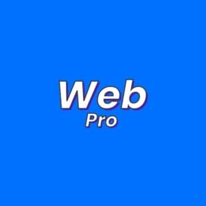 The image showcases "Web Pro" in bold white and light grey text, centered against a solid blue background. The word "Web" appears larger and is positioned above the word "Pro.