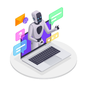 An illustration of a robot with a face and hands emerging from a laptop screen. Colorful icons around it include a chat bubble, a question mark, an envelope, a star rating, and an "@" symbol, representing ChatBot's customer support and communication.