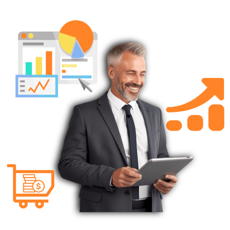 A smiling man in a suit holds a tablet. Surrounding him are icons of business growth: a bar chart and pie chart on a web page, an upward arrow, and a shopping cart with a dollar sign. The imagery suggests successful business or financial management through technology.