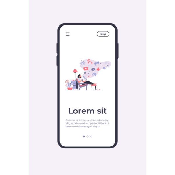 Illustration of a Mobile App onboarding screen. The screen shows a person sitting on a chair with floating icons representing various activities like music, video, and communication above. The text says "Lorem sit" with placeholder text below and buttons for navigation and skipping.