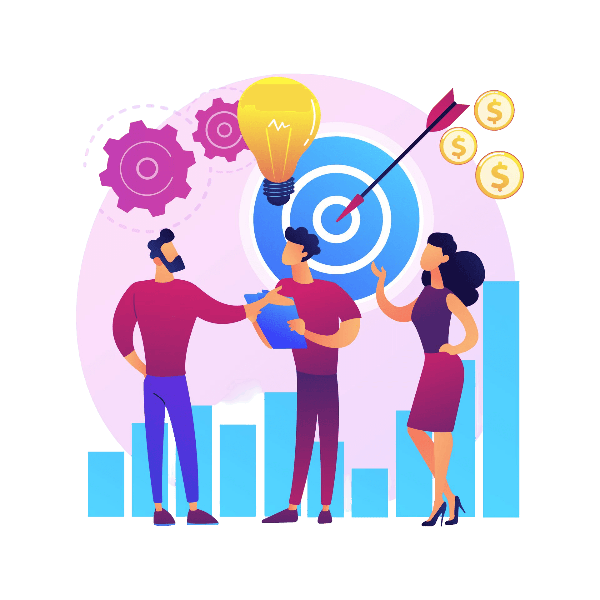 Illustration of three people discussing business strategy. One holds a clipboard, another points to a target with an arrow, and the third gestures towards gears and a lightbulb icon. Coins and bar graphs emphasize the financial and strategic discussion.