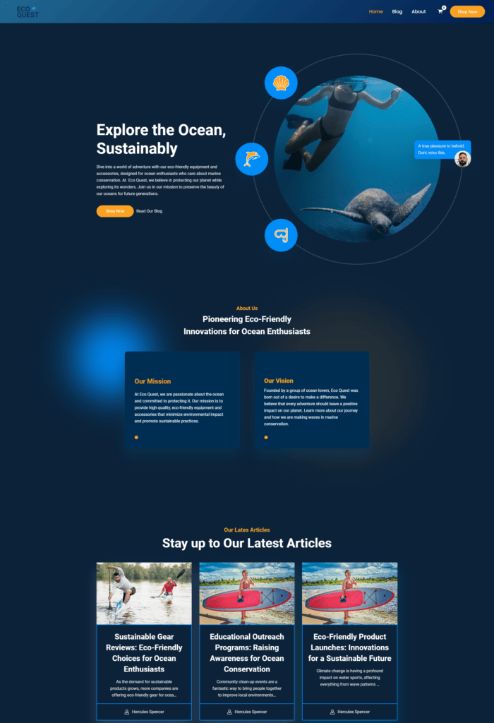 A dark blue website homepage for an ocean conservation group with sections titled "Explore the Ocean, Sustainably," "About Us," and "Our Latest Articles." It includes images of a snorkeler, sea turtle, and three article previews about eco-friendly ocean innovations.