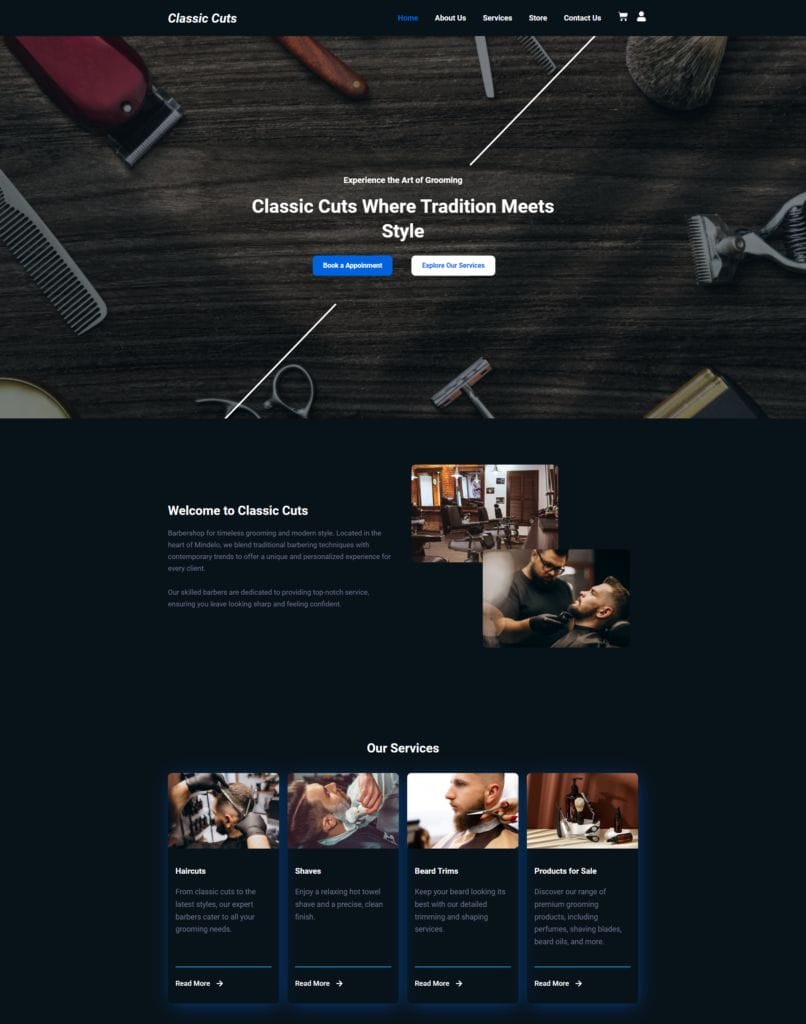 Screenshot of a barber shop’s website with a dark, elegant design. The homepage includes sections such as "Welcome to Classic Cuts," a featured image of customers getting haircuts, and "Our Services" highlighting haircuts, shaves, beard trims, and products.