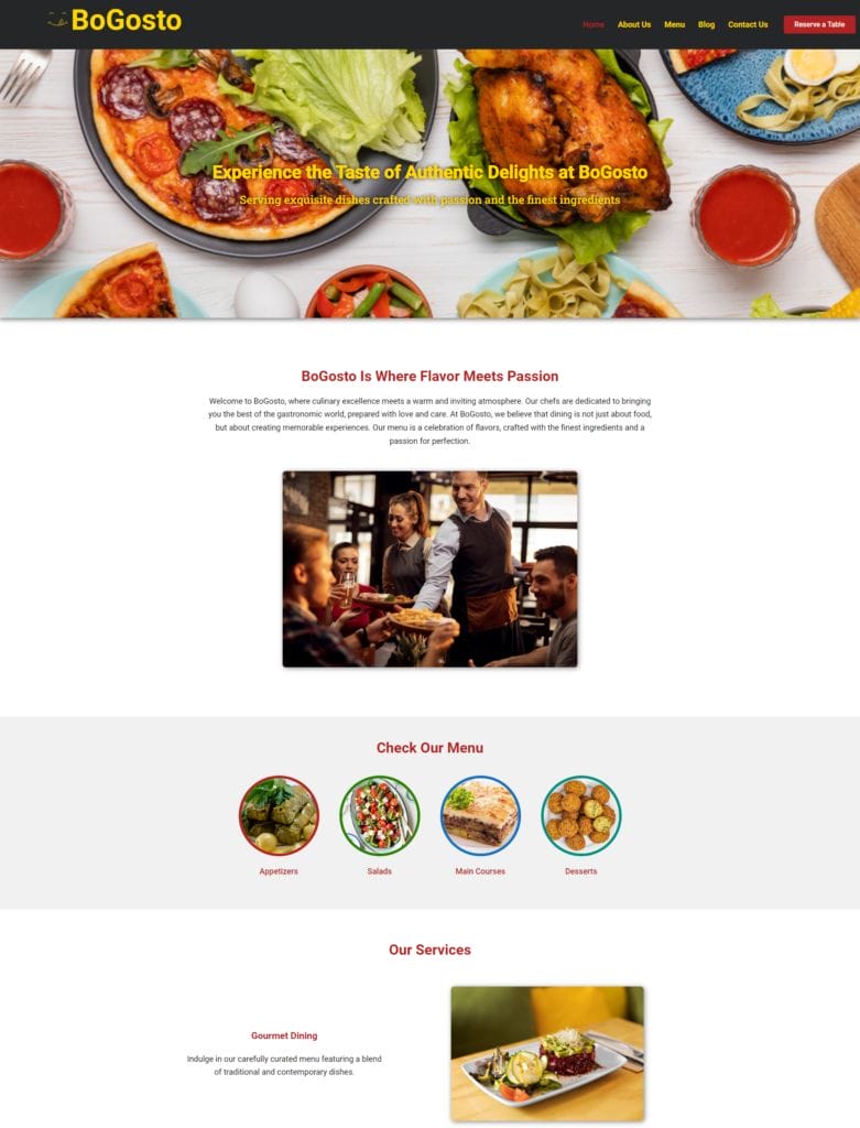 Screenshot of BoGosto restaurant's webpage. The top section features a banner image of food, with the text "Experience the Taste of Authentic Delights at BoGosto." Below, a welcome message and images of dining experiences. Navigation and menu options are provided.