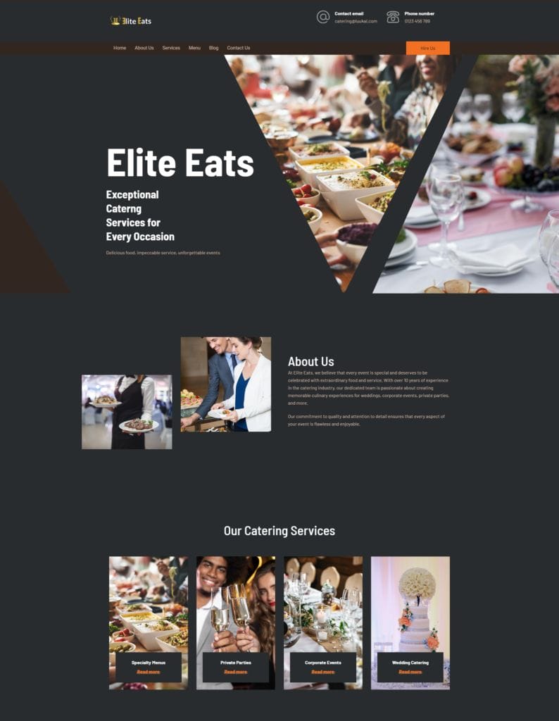 A catering company's website homepage labeled "Elite Eats" displays a variety of elegantly presented food dishes. Sections include catering services, an about us section, and photos of catered events. The design features a modern, geometric layout with dark and light panels.