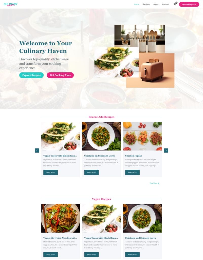 A culinary website homepage featuring a header image of a kitchen setup with text that reads "Welcome to Your Culinary Haven." Below are buttons labeled "Explore Recipes" and "Get Cooking Tools." The page displays sections titled "Recent Add Recipes" and "Vegan Recipes" with images of various dishes.
