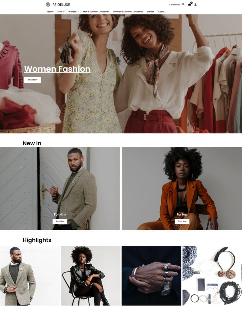 A fashion website homepage featuring a banner with two women smiling and trying on outfits above the text "Women Fashion." Below are sections showcasing new arrivals for men and women, highlights of select fashion items, and images of accessories and jewelry.
