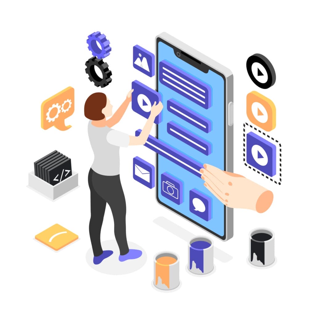 An illustration depicts a person interacting with a giant smartphone interface, dragging and arranging various app icons and elements like images, videos, and settings. Gear icons, coding folders, paint cans, and a large hand icon surround the scene, symbolizing customization and UI design.