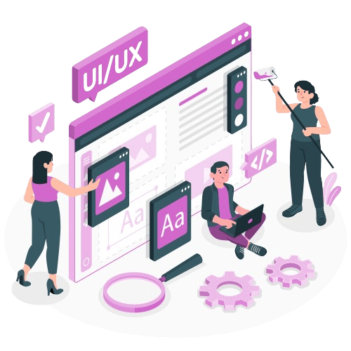 Illustration of three people collaborating on a UI/UX design. One person is adjusting elements on a large screen, another is working on a laptop, and the third person is painting near the screen. Additional design elements and icons are scattered around.