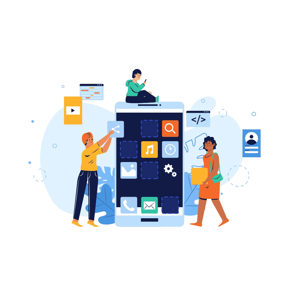 Illustration of three people interacting with a giant smartphone featuring app icons. One person stands on top of the phone, one is arranging icons on the screen, and the third person, holding folders, approaches. Background includes clouds, charts, and various tech-related symbols.