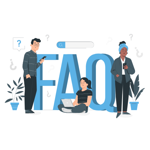 Illustration of three people surrounding large blue letters spelling "FAQ." A man on the left holds a smartphone, a woman in the center sits with a laptop, and another woman on the right holds a phone. Potted plants and question marks are in the background, highlighting key trends in digital marketing.