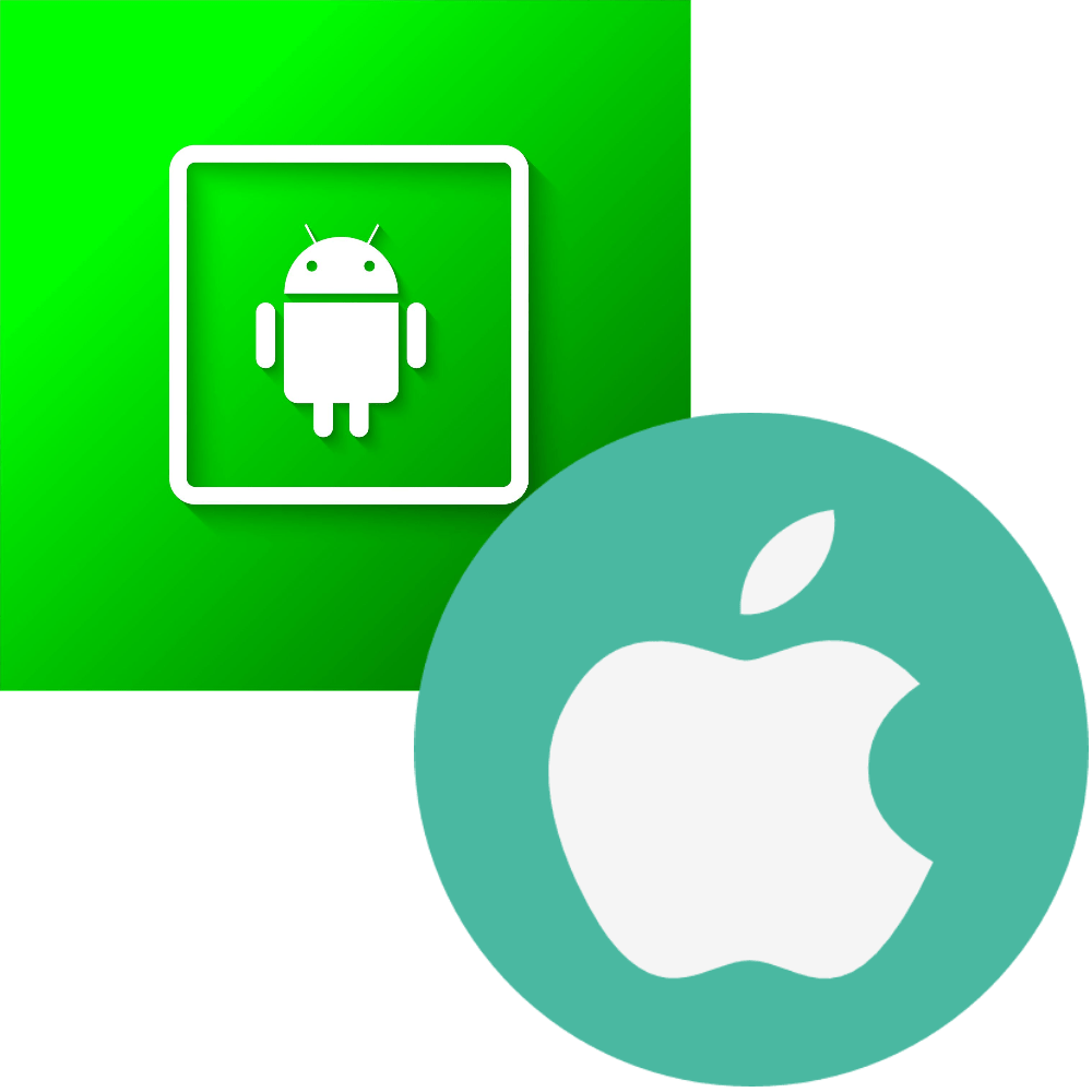A green square with the Android robot icon and a circular mint green Apple logo with a bite taken out of it are shown together, representing the Android and iOS operating systems.