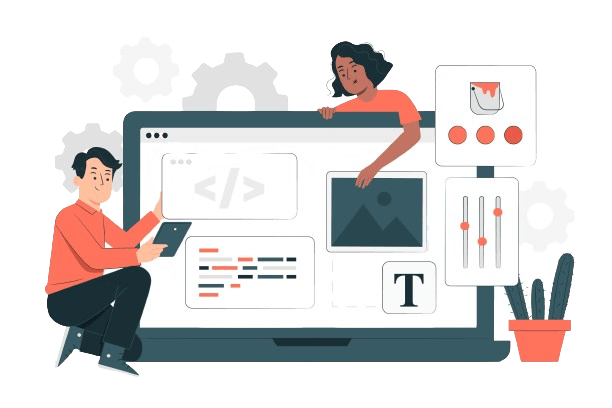 Illustration of two people working on a large computer screen with coding and design elements. One person is sitting, using a tablet, while the other is reaching out towards the screen. Various icons and tools surround the screen, depicting a collaborative design process.