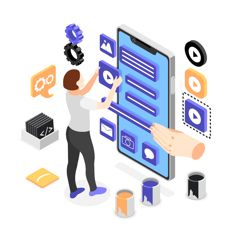 A person is interacting with a large smartphone screen, arranging app icons and multimedia content. Surrounding elements include gears, code, and paint buckets, symbolizing app development and design processes. A giant hand is also helping to organize the content.
