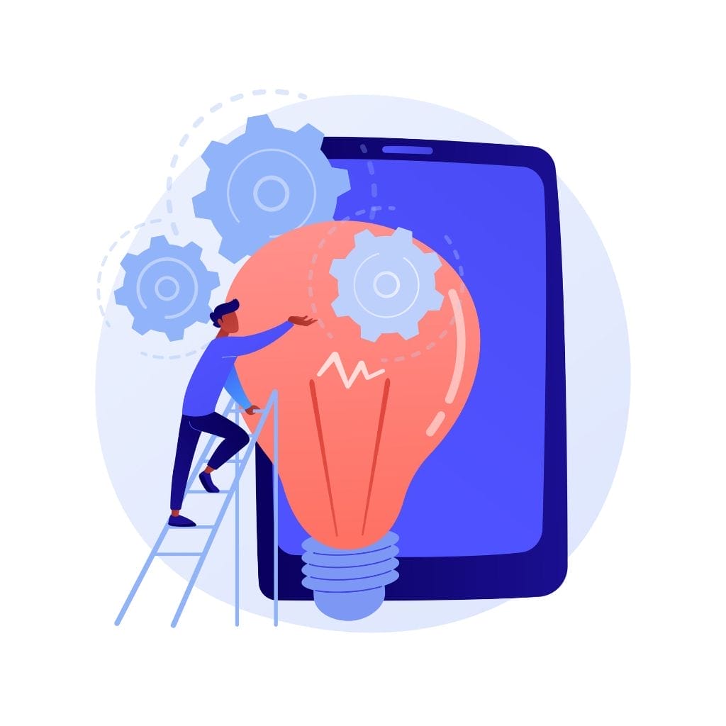 An illustration of a person standing on a ladder adjusting gears inside a large, glowing light bulb that is in front of a large tablet screen. The scene conveys the concept of generating and refining ideas through technology.