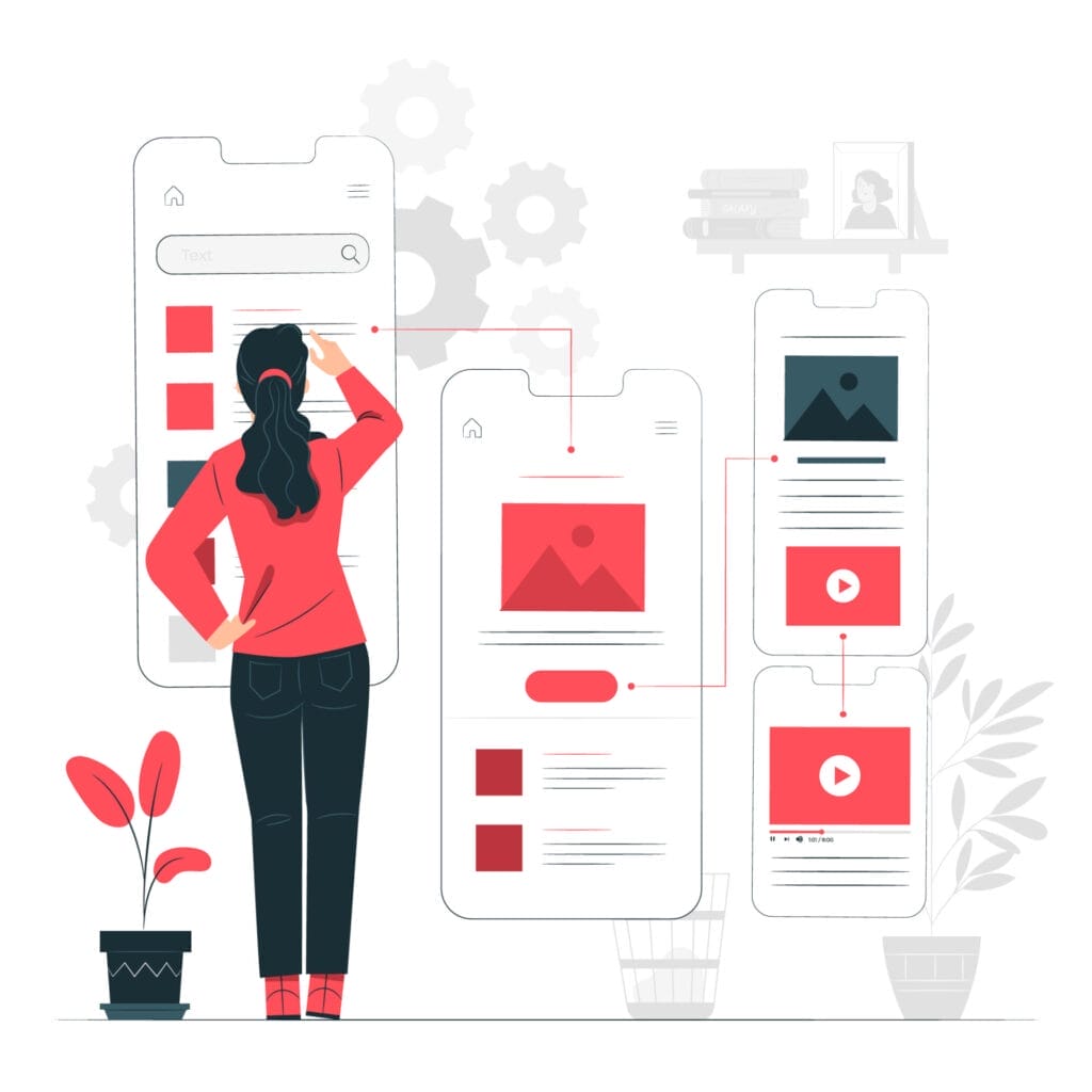 Illustration of a person standing and looking at large smartphone screens displaying various app interface elements like text, images, and videos. They are surrounded by plants and decorative shelves with books and a framed picture. Gears are visible in the background.