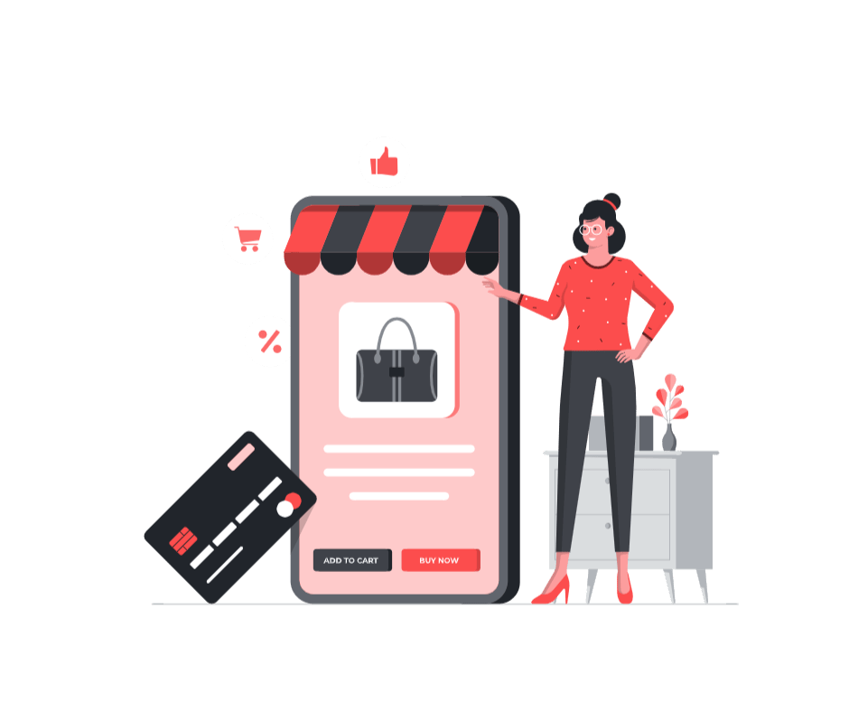Illustration of a woman standing next to a large smartphone displaying an online shopping app. The app showcases a handbag with options to 'Add to Cart' or 'Buy Now.' Surrounding her are icons of a shopping cart, thumbs-up, and a discount symbol, along with a credit card.