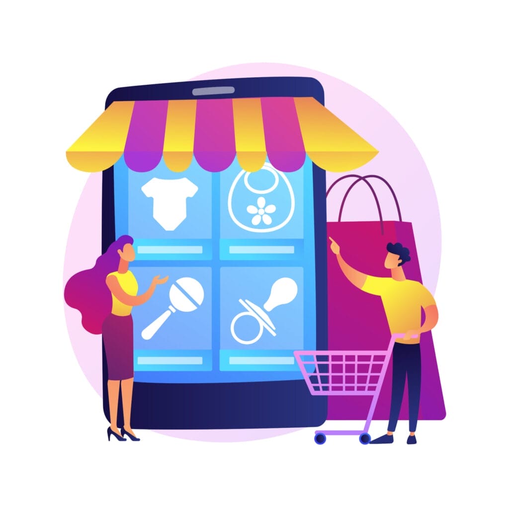 Illustration of a large smartphone with a striped awning displaying baby items like a pacifier, bib, and onesie. A woman and a man with a shopping cart stand in front, the woman holding a phone and the man pointing at the screen. Large shopping bags are nearby.