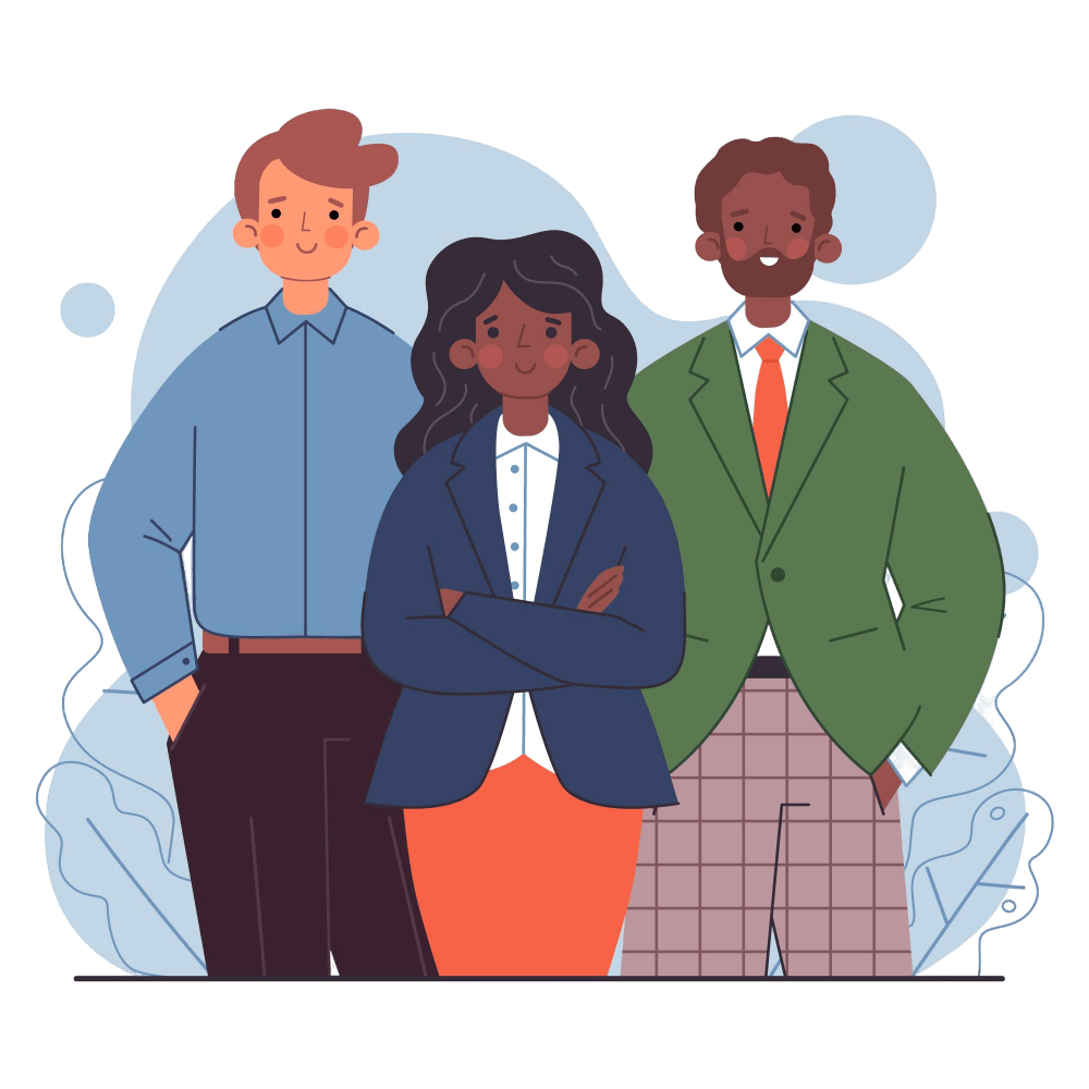 Illustration of three diverse people standing side by side. The person on the left has light skin, short brown hair, and is wearing a blue shirt. The middle person has dark skin, long black hair, and is wearing a blue blazer. The person on the right has dark skin, short hair, and is wearing a green jacket with a red tie and plaid pants.