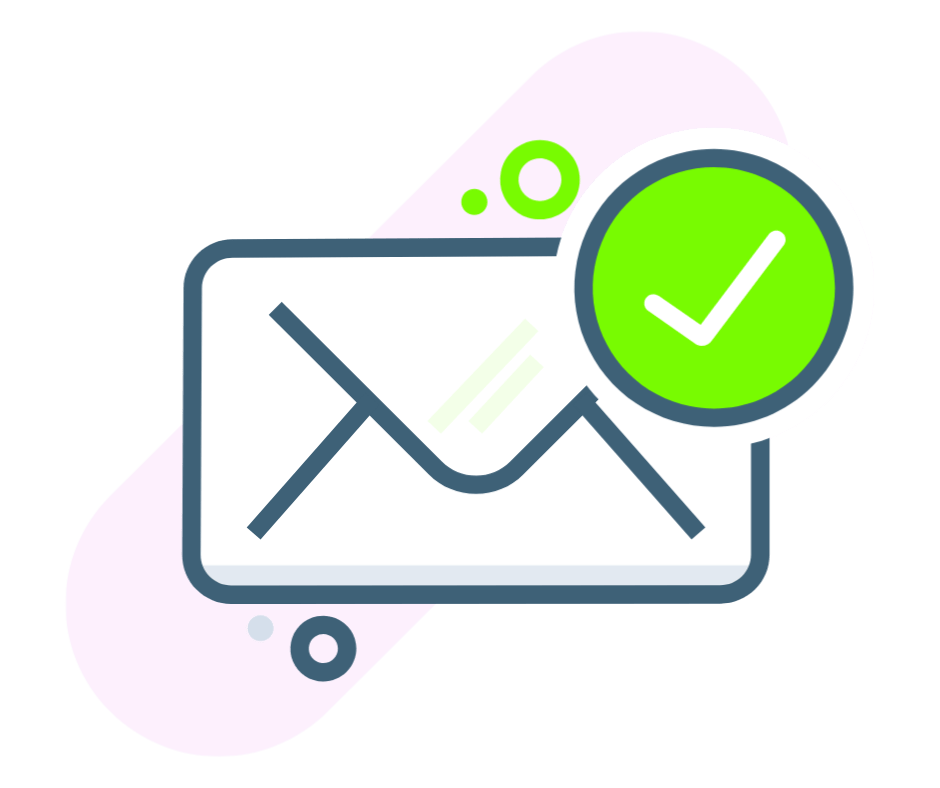 Illustration of an envelope with a large green check mark. The envelope is white with blue outlines, and the check mark is inside a green circle. The background features a pink abstract shape with green accents.