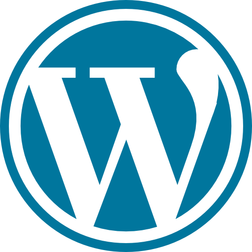 WordPress logo featuring a large, stylized white "W" in the center of a circular blue background with a white border. The top right of the "W" has a curl, giving it a distinctive appearance.